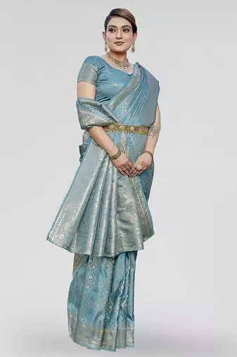 Teal blue zari woven banarasi silk traditional saree with blouse