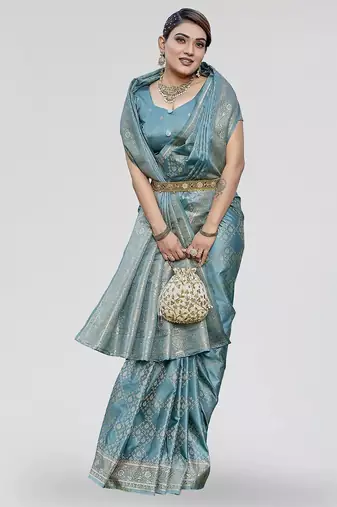 Teal blue zari woven banarasi silk traditional saree with blouse