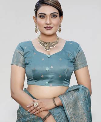Teal blue zari woven banarasi silk traditional saree with blouse 5