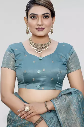 Teal blue zari woven banarasi silk traditional saree with blouse