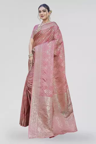 Dusty pink zari woven banarasi silk designer saree with blouse