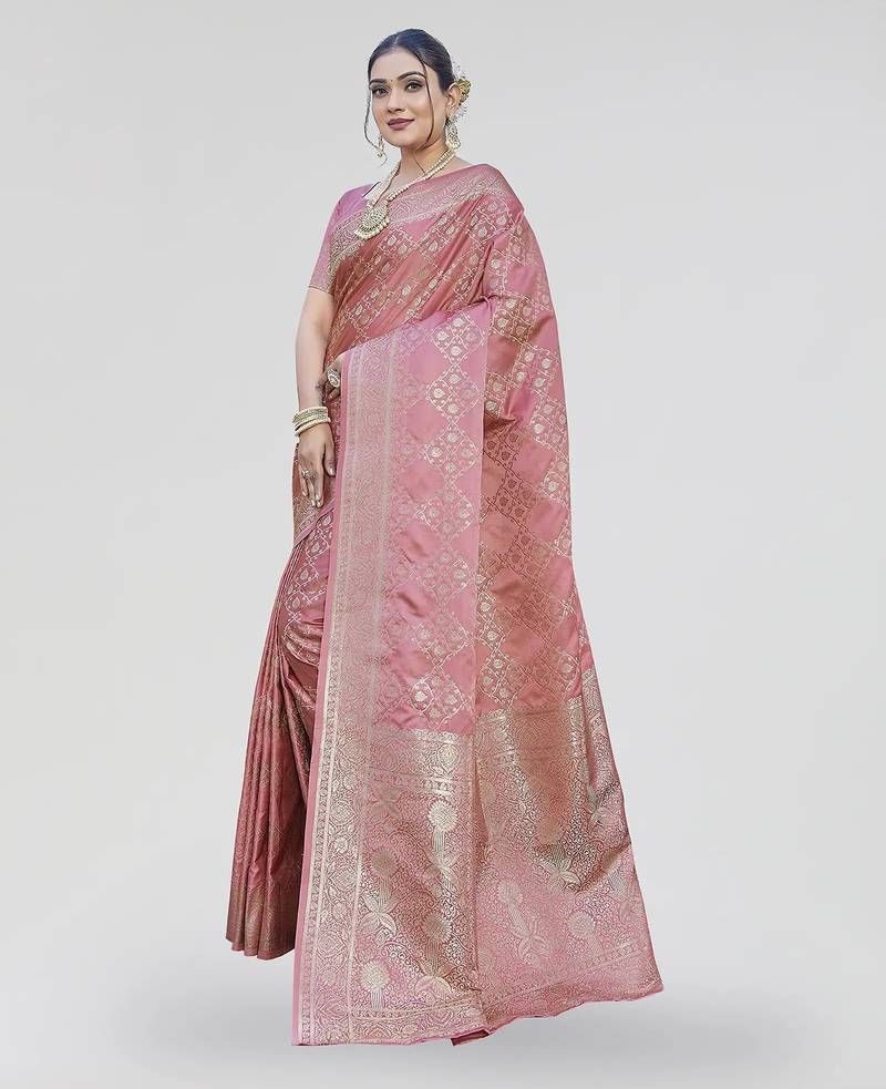 Dusty pink zari woven banarasi silk designer saree with blouse