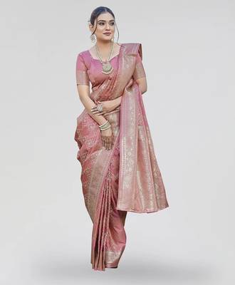 Dusty pink zari woven banarasi silk designer saree with blouse 3