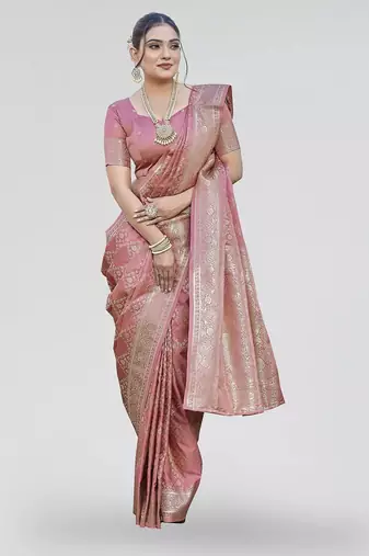 Dusty pink zari woven banarasi silk designer saree with blouse