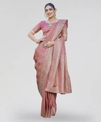 Dusty pink zari woven banarasi silk designer saree with blouse 4