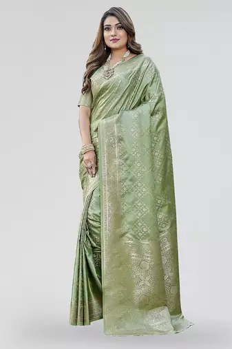 Olive green zari woven banarasi silk festive saree with blouse