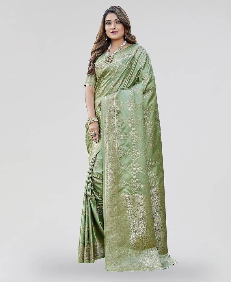 Olive green zari woven banarasi silk festive saree with blouse