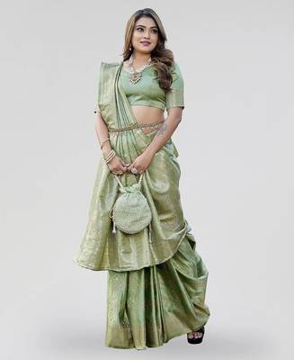 Olive green zari woven banarasi silk festive saree with blouse 3