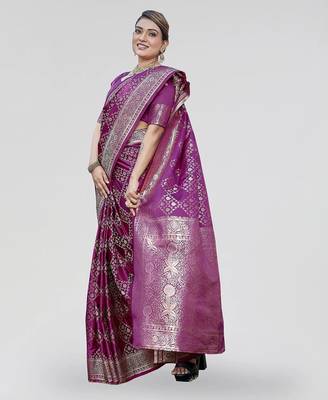 Purple zari woven banarasi silk party wear saree with blouse 4