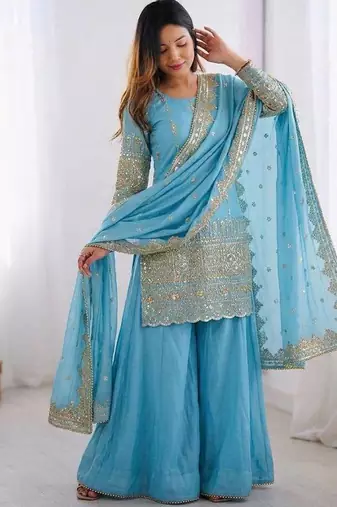 Sky Blue Color Embroidery Sequence Work Vichitra Silk Salwar Kameez Set 