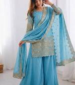 Sky Blue Color Embroidery Sequence Work Vichitra Silk Salwar Kameez Set 