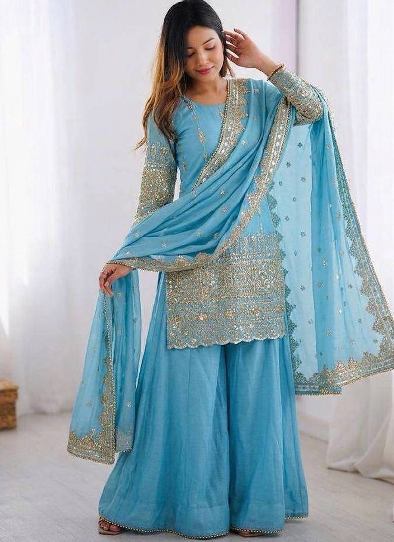 Sky Blue Color Embroidery Sequence Work Vichitra Silk Salwar Kameez Set 