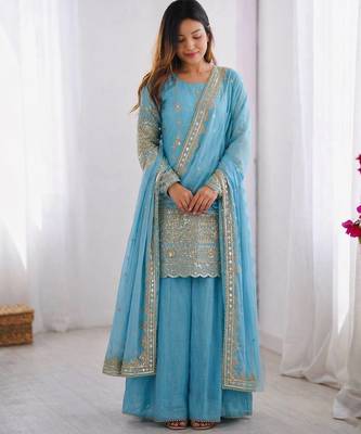 Sky Blue Color Embroidery Sequence Work Vichitra Silk Salwar Kameez Set  2