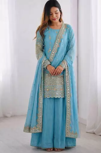 Sky Blue Color Embroidery Sequence Work Vichitra Silk Salwar Kameez Set 