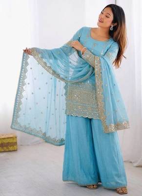 Sky Blue Color Embroidery Sequence Work Vichitra Silk Salwar Kameez Set  3