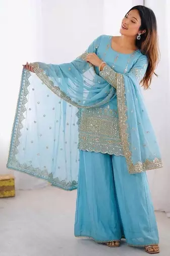 Sky Blue Color Embroidery Sequence Work Vichitra Silk Salwar Kameez Set 