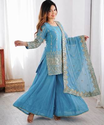 Sky Blue Color Embroidery Sequence Work Vichitra Silk Salwar Kameez Set  4