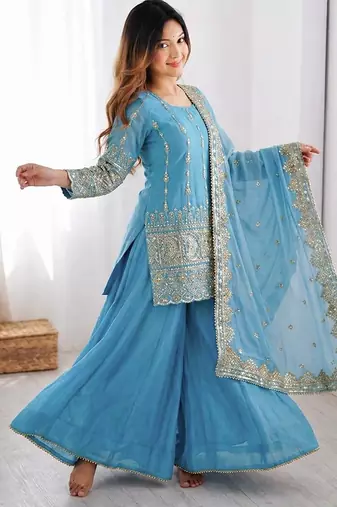 Sky Blue Color Embroidery Sequence Work Vichitra Silk Salwar Kameez Set 