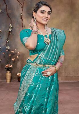 Rama green zari woven banarasi silk wedding wear saree with blouse 3