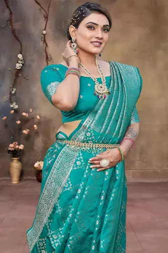 Rama green zari woven banarasi silk wedding wear saree with blouse