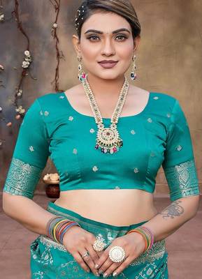 Rama green zari woven banarasi silk wedding wear saree with blouse 4