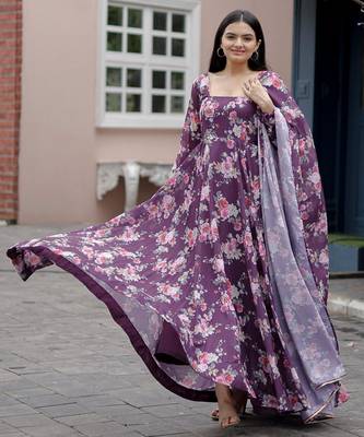 Designer Purple full flaired faux gorgette gown 1