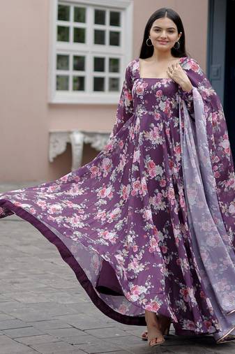 Designer Purple full flaired faux gorgette gown