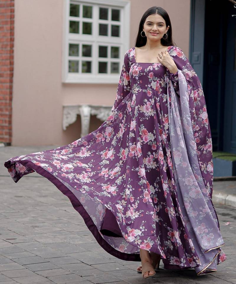 Designer Purple full flaired faux gorgette gown