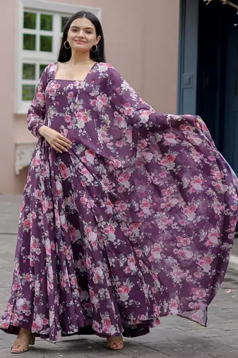Designer Purple full flaired faux gorgette gown