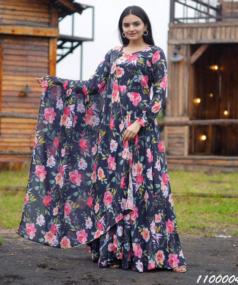 Designer multicour full flaired faux gorgette gown