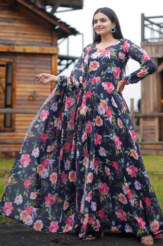 Designer multicour full flaired faux gorgette gown