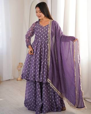 Lavender Color Jacquard Butti Crunchy Silk Salwar Kameez Set  1