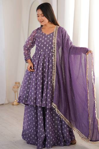 Lavender Color Jacquard Butti Crunchy Silk Salwar Kameez Set 