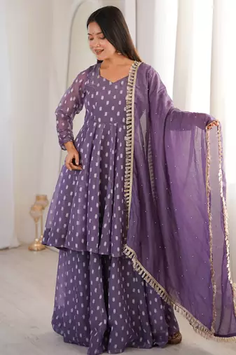 Lavender Color Jacquard Butti Crunchy Silk Salwar Kameez Set 