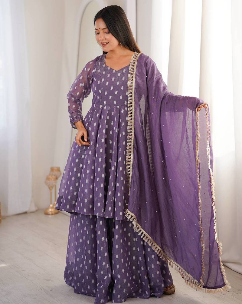 Lavender Color Jacquard Butti Crunchy Silk Salwar Kameez Set 