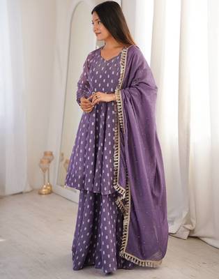 Lavender Color Jacquard Butti Crunchy Silk Salwar Kameez Set  3