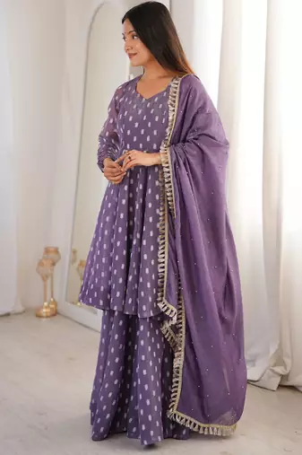Lavender Color Jacquard Butti Crunchy Silk Salwar Kameez Set 