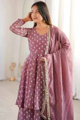 Onion Pink Color Jacquard Butti Crunchy Silk Salwar Kameez Set 