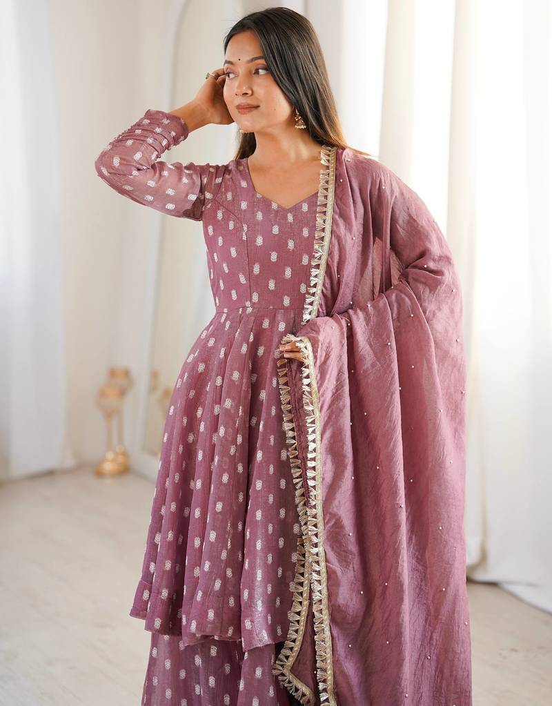 Onion Pink Color Jacquard Butti Crunchy Silk Salwar Kameez Set 