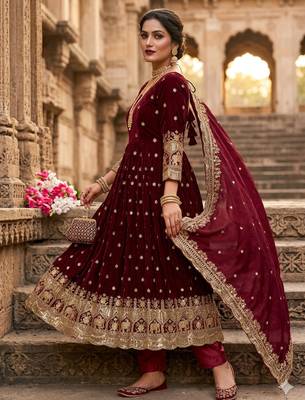 maroon embroidered anarkali gown 2