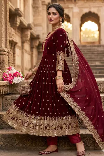 maroon embroidered anarkali gown