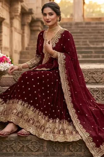 maroon embroidered anarkali gown