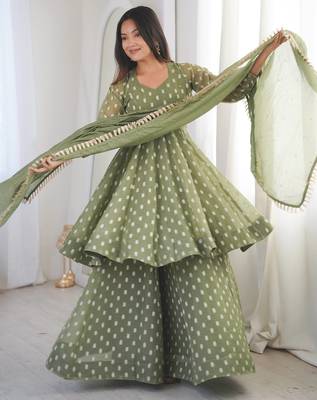 Light Green Color Jacquard Butti Crunchy Silk Salwar Kameez Set  3