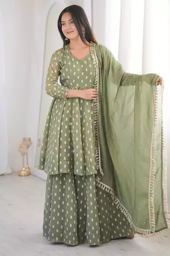 Light Green Color Jacquard Butti Crunchy Silk Salwar Kameez Set 