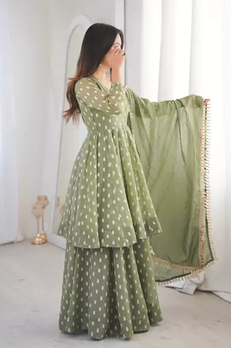 Light Green Color Jacquard Butti Crunchy Silk Salwar Kameez Set 