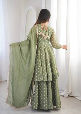 Light Green Color Jacquard Butti Crunchy Silk Salwar Kameez Set  5