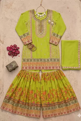 lime green embroidered straight kurta set