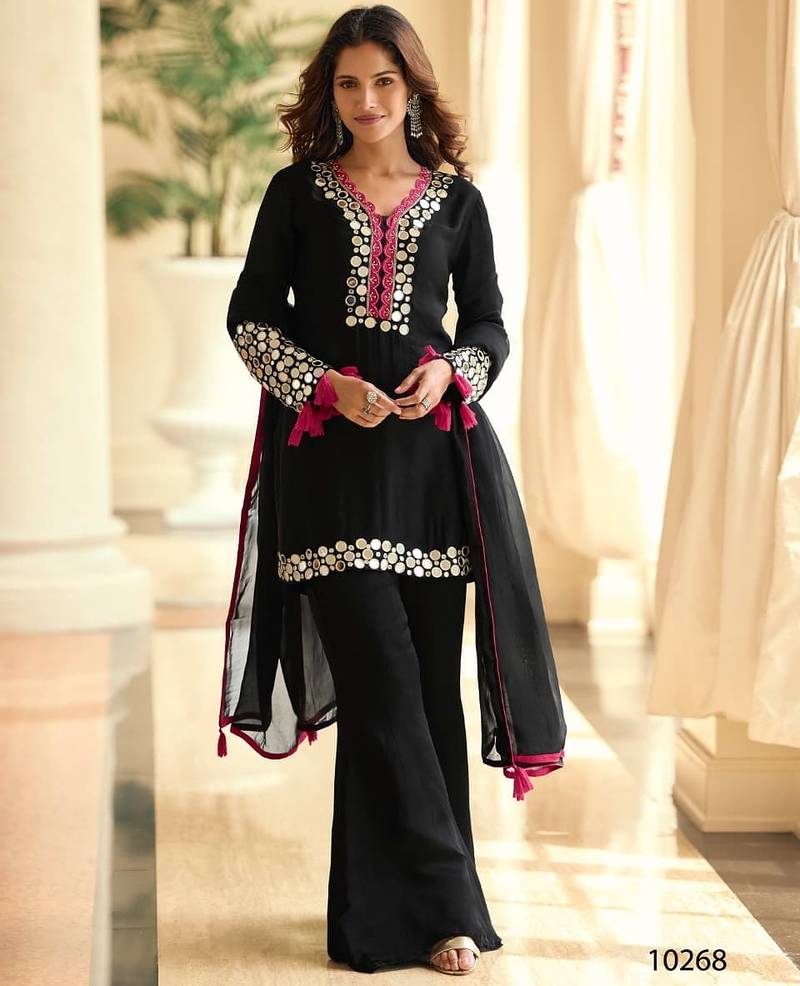 Navy blue crepe silk sharara suits free size stitched upto 42
