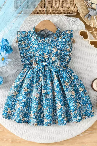 Blue floral print cotton ruffle sleeve fit & flare kids dress
