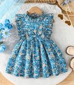 Blue floral print cotton ruffle sleeve fit & flare kids dress